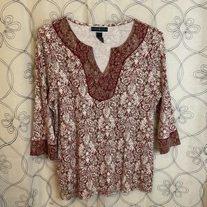 Women's Karen Scott Red Gold Accent Bead V-Neck 3/4 Sleeve Size Large